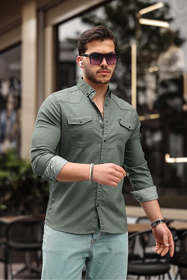 Slim Fit Snap Fastener Double Pocket Denim Shirt