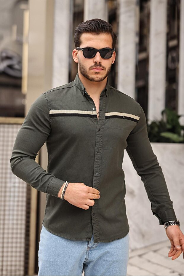 Men's Slim Fit Striped Long Sleeve Tight Khaki Denim Shirt