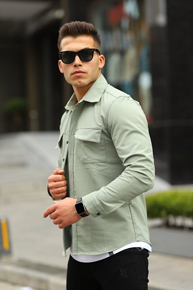 Erkek Basic Paraşüt Rahat Uzun Kol Bol Yeşil Gömlek - 3