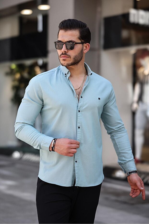 Erkek Basic Slim Fit Uzun Kol Mint Dar Kot Gömlek - 4