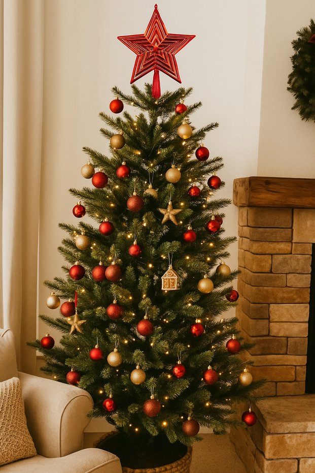 Christmas Tree Topper (23 cm) - Red Color Interlocking Stars Large Size Luxury Pine Tree Decoration