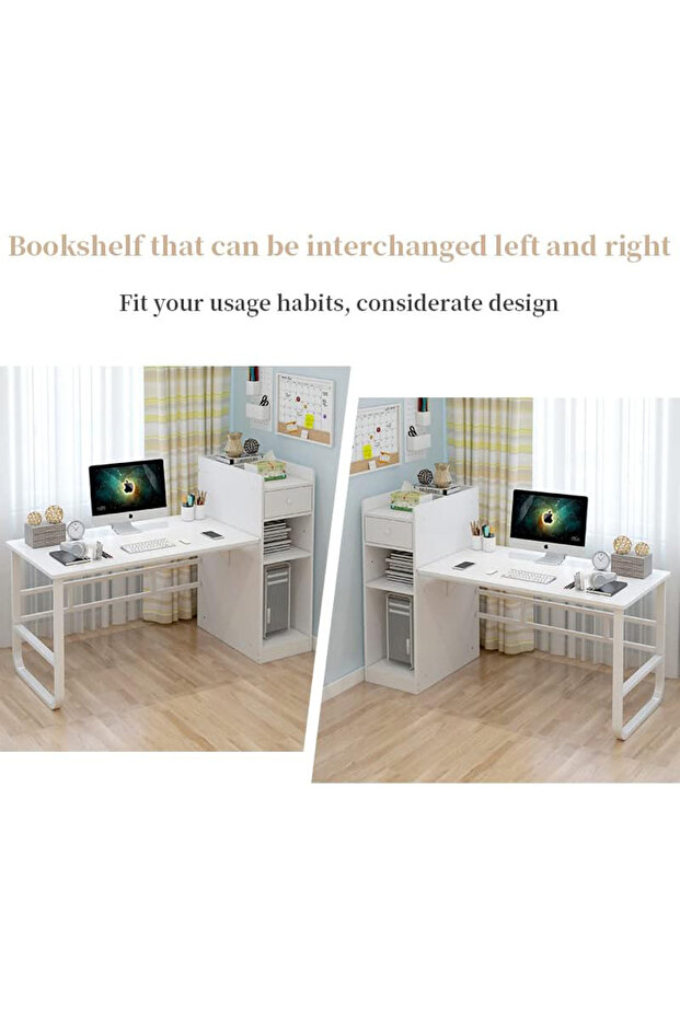 Study table with side shelves, computer, study and writing unit 140*60*110cm - White - 5