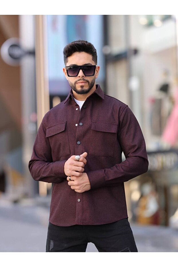 Erkek Basic Yün Efekt Örme Uzun Kol Bordo Bol Gömlek - 2