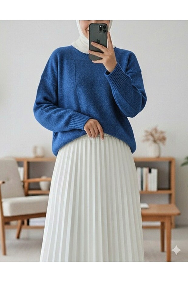 سترة ناعمة ذات ياقة مستديرة ونقش مربع - ساكس - 1