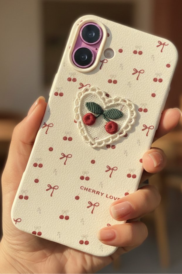 iPhone 16 - Cherry Heart Lace White Cover with Red Bow Design Silicone Case