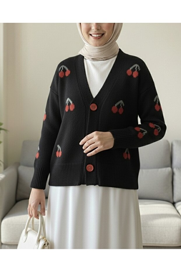 Cherry Pattern Short Cardigan -Black - 1