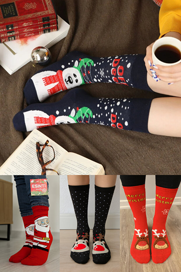 Men Women Kids New Year's Long Black Christmas Themed Gift Socks Set 4 Pcs