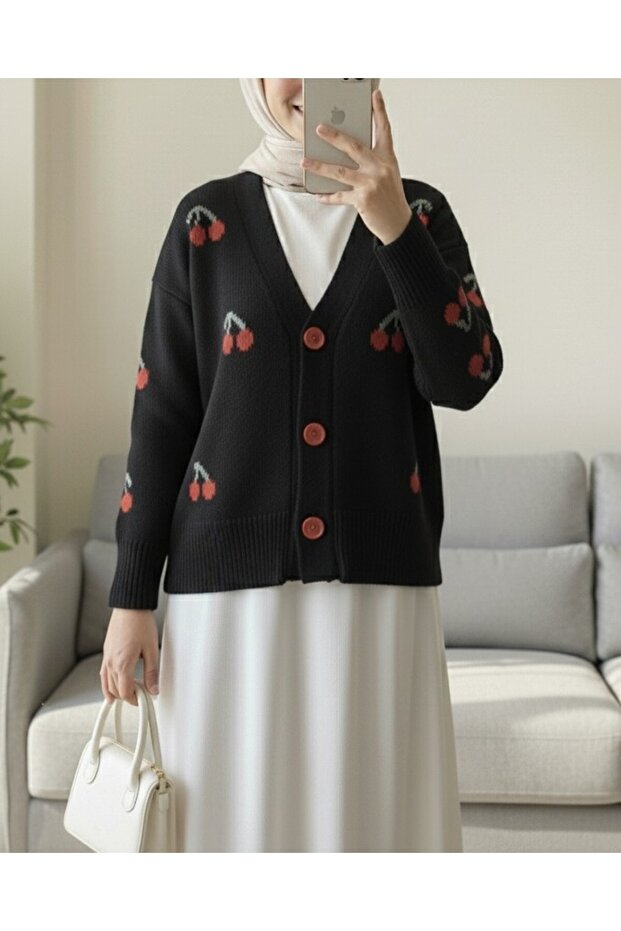 Cherry Pattern Short Cardigan -Black - 2