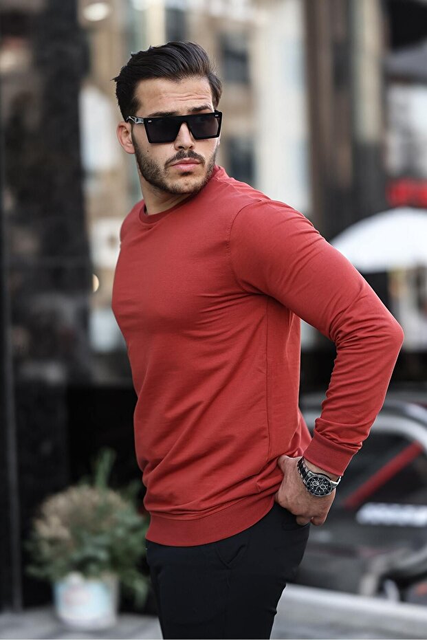 Erkek Bisiklet Yaka Basic Uzun Kol Dar Kırmızı Sweat - 3