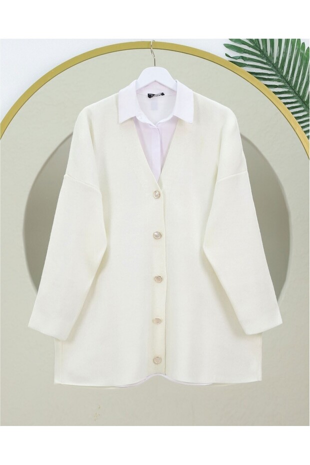 V Yaka Düğmeli Oversize Triko Hırka -Krem - 3