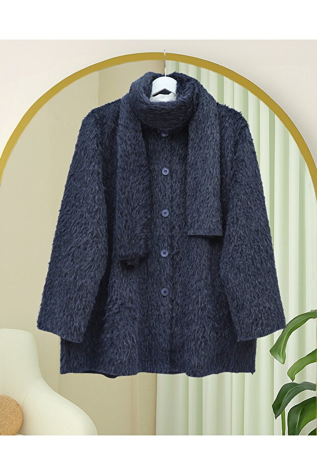 Bearded Jacket with Scarf Detail and Buttoned Front - Navy