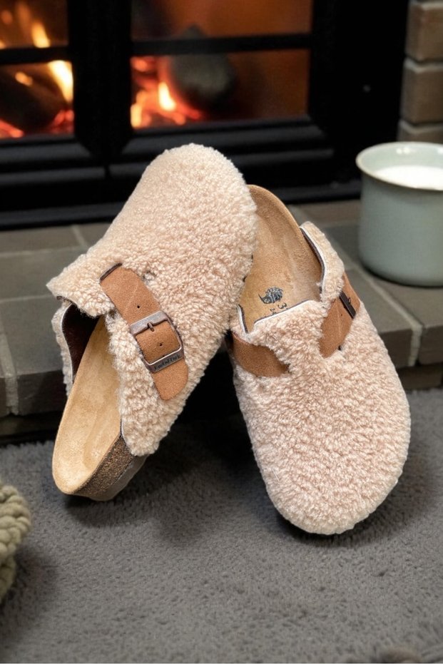 Natural Cork Sole Arch Supported Unisex Anatomical Real Fur Slippers