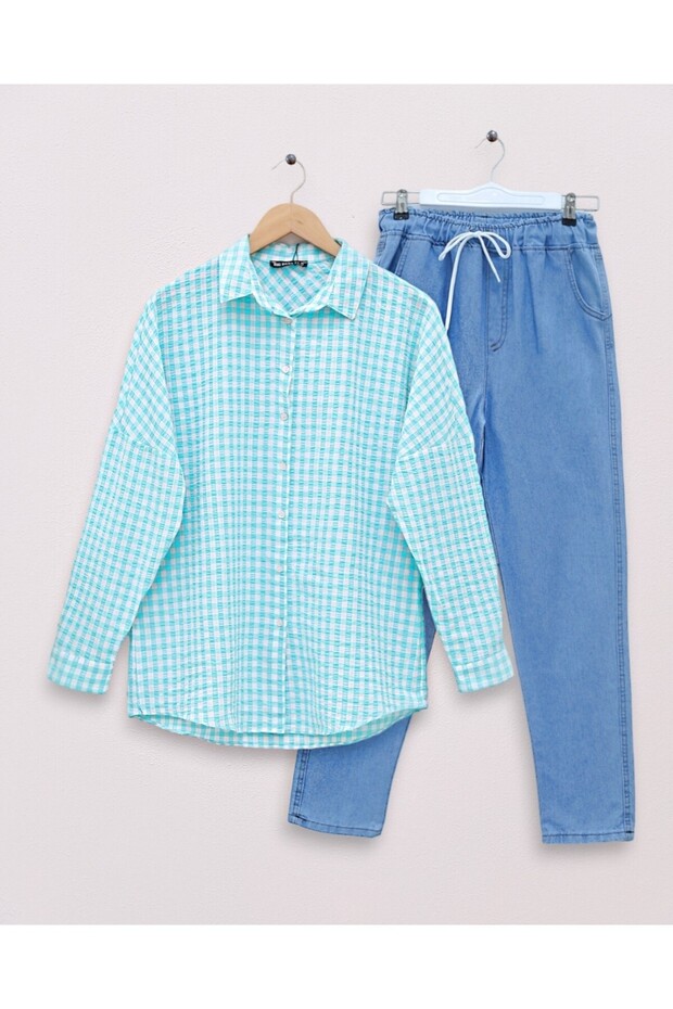 Boydan Düğmeli Gofre Gömlek -Mint - 5