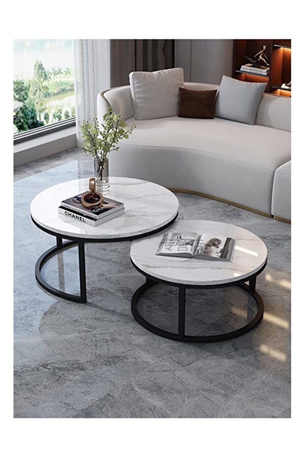Modern Nested Round Coffee Table Set of 2 with Sturdy Metal Frame - 5
