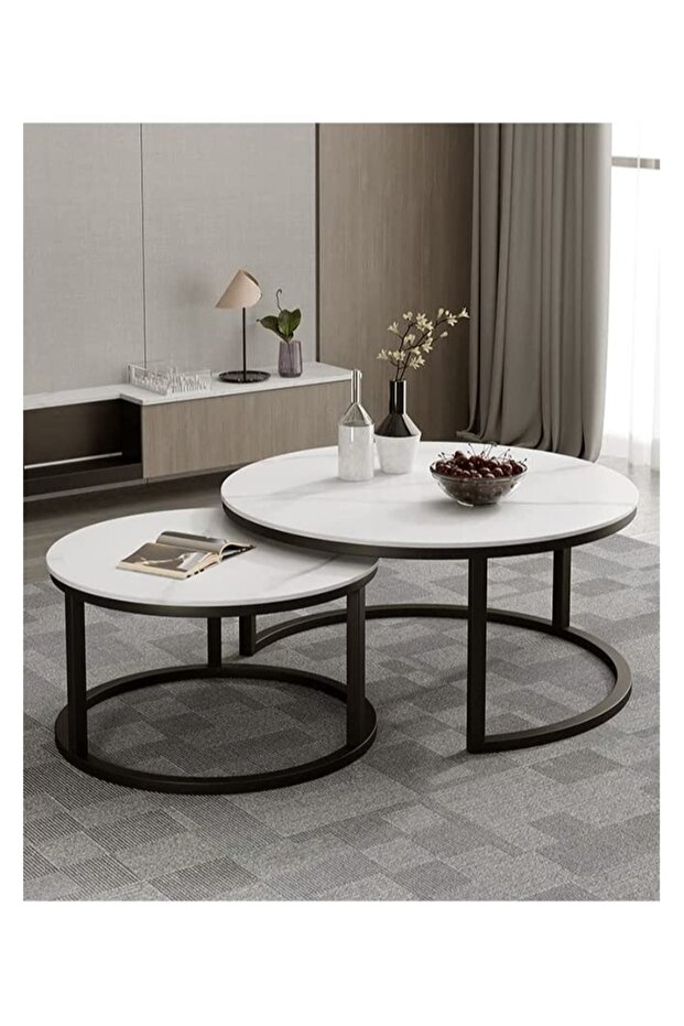 Modern Nested Round Coffee Table Set of 2 with Sturdy Metal Frame - 4