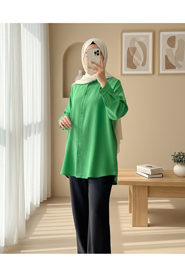 Boydan Düğmeli Gömlek -Yeşil - 1