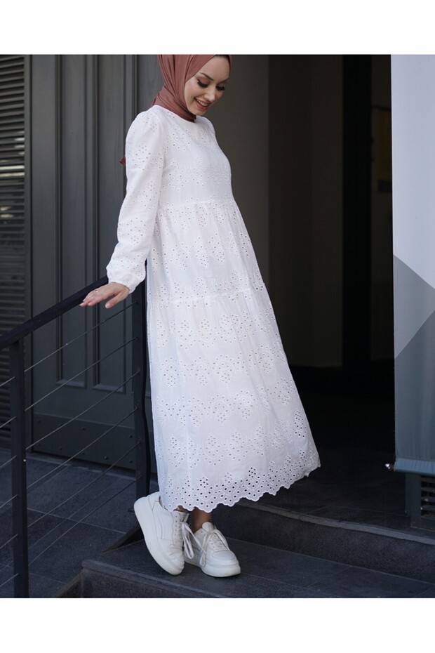 Rochie cu mâneci elastice -Albă - 3