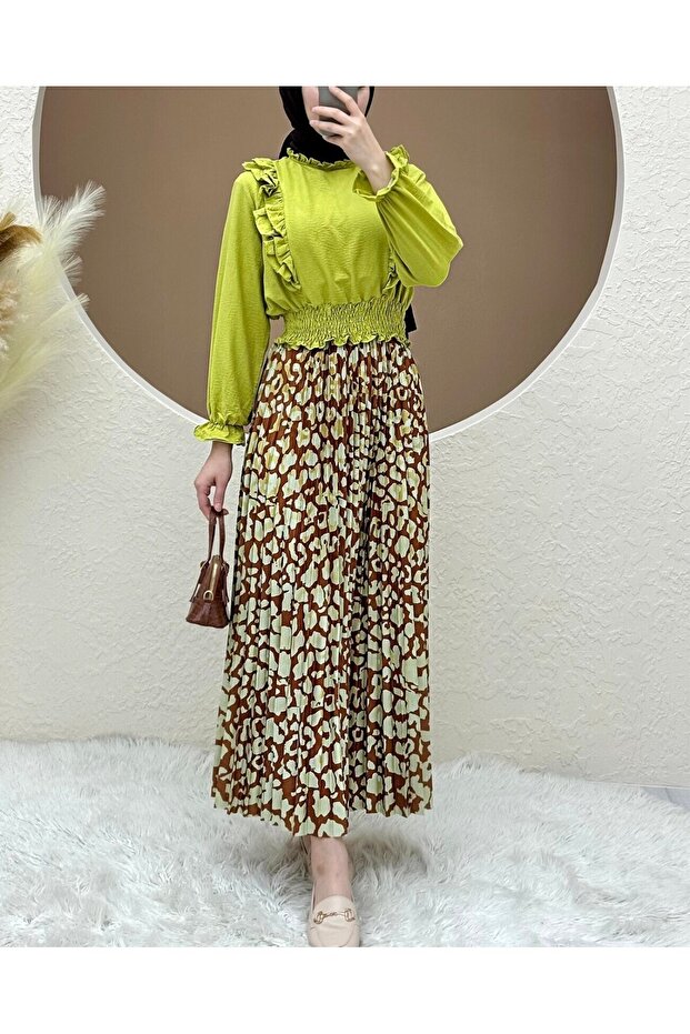 Dijital Baskılı Pliseli Etek -Taba - 3