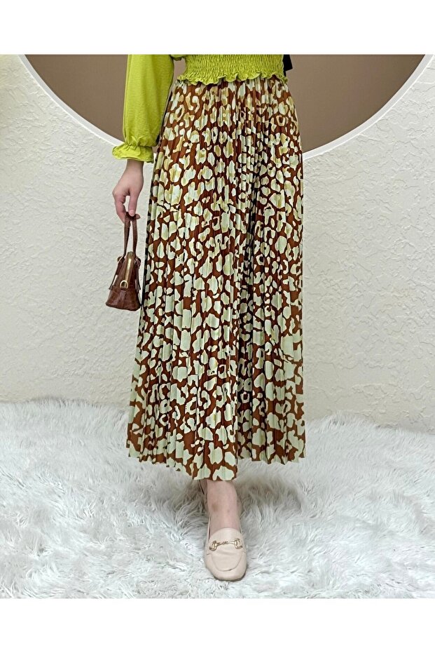 Dijital Baskılı Pliseli Etek -Taba - 1