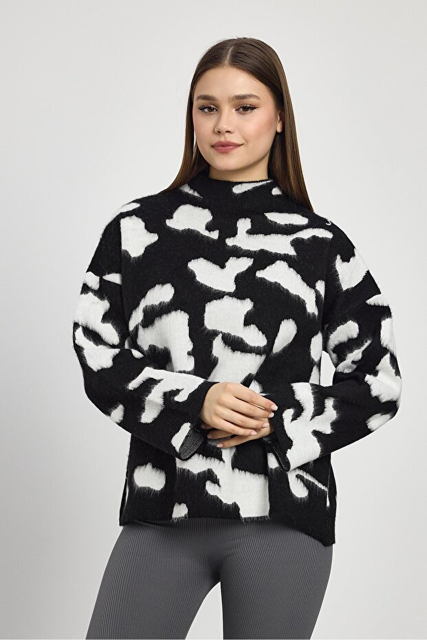 24371 - Pulover cu guler vertical, negru, leopard - 3