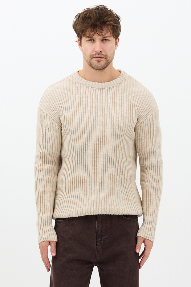 Erkek Taş Fitilli Örme Regular Triko Kazak - 1