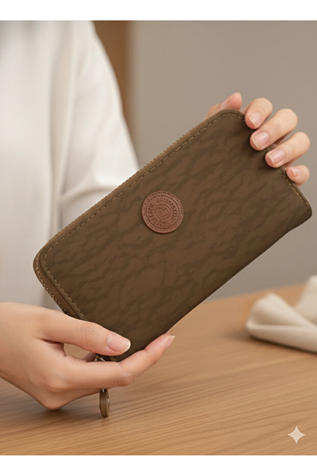 Women's Tan Crinkle Fabric Large Horizontal Wallet 10X20Cm