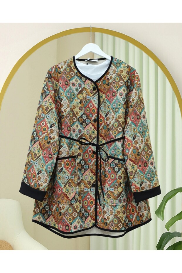 Ethnic Pattern Jacket with Folded Sleeves and Lace-Up Waist - Çağla Y.