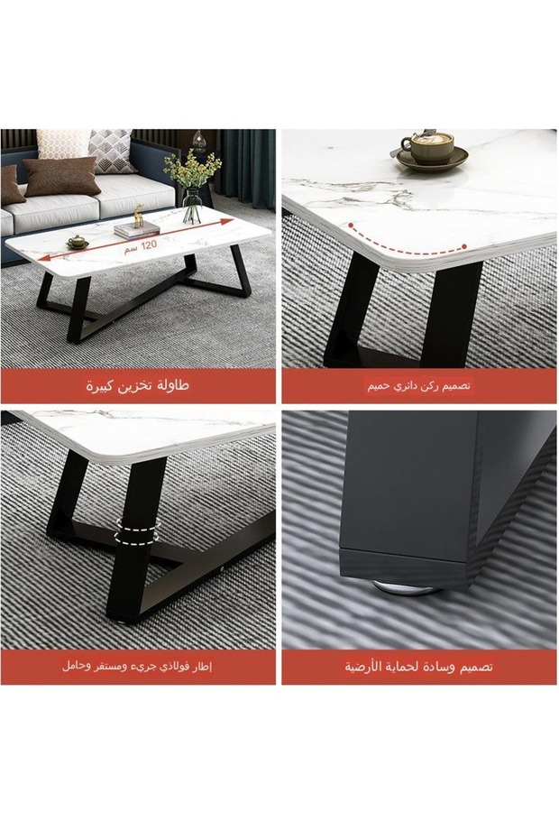 Coffee Table Rectangular High-End Sofa Table Marble Table Top with Matt Black Metal Frame - 3