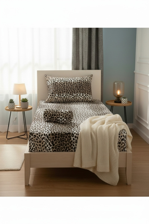 طقم ملاءات سرير مطاطية فردية بنقشة الفهد (طقم) - 2