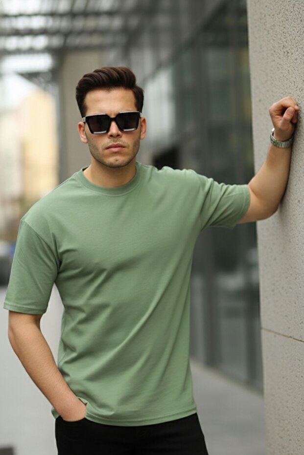 Ανδρικό μπλουζάκι Oversize Basic Crew Neck Loose Khaki - 4