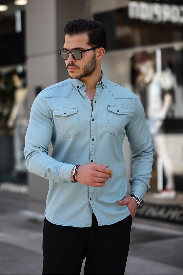 Erkek Slim Fit Çıtçıtlı Cepli Basic Mint Kot Gömlek - 1