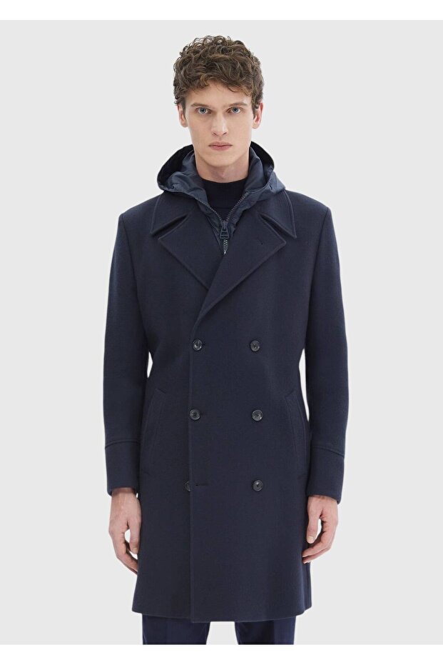 Lacivert Regular Fit Kruvaze Yaka Casual Örme Palto - 4