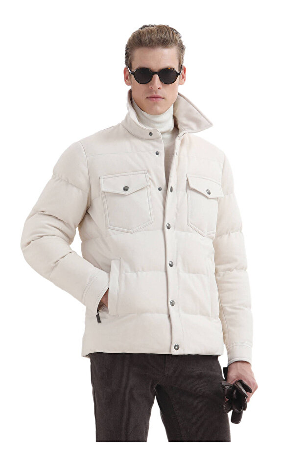 Ekru Regular Fit Örme Micro Jel Elyaflı Spor Ceket - 1