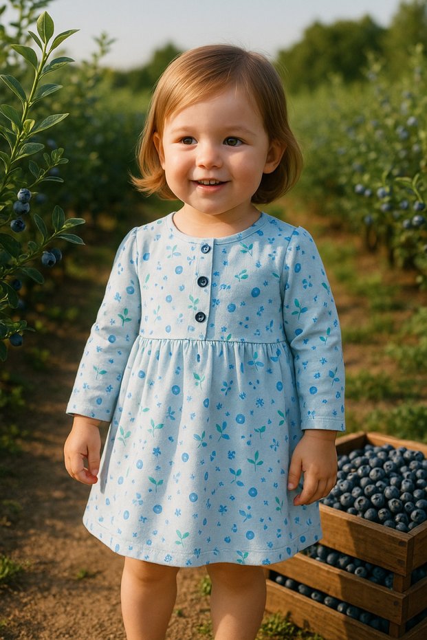 Baby, Girl, 100% Organic Cotton, Blueberry Patterned, Blueberry Dreams Dress (Waterproof Zippered Organizer Bag Is a Gift.)
