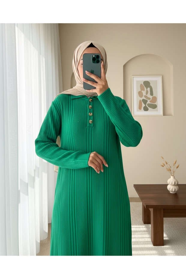 Polo Neck Buttoned Knitwear Dress -Green