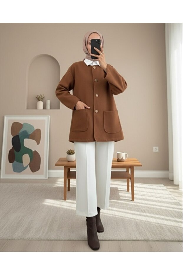 Double Pocket Buttoned Front Cashmere Jacket - Light Brown - 3