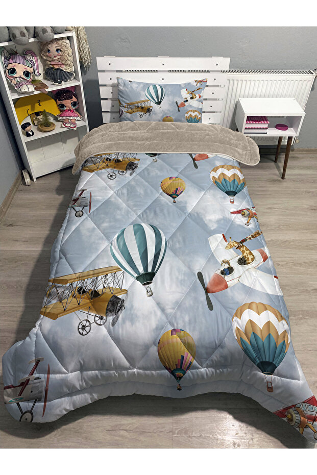 Welsoft Fluffy Double-Sided Airplanes and Balloons Patterned Single Duvet Sleeping Set