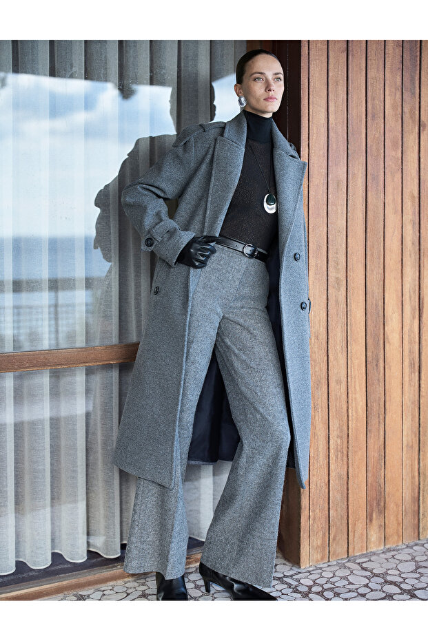 Trench Coat Kaşe Double-Breasted Belted Pocket Long Sleeve