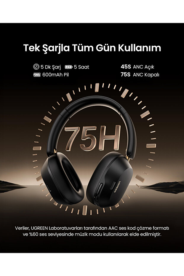 HiTune Max5cHibrit Aktif Gürültü Engelleyici Kablosuz Kulak Üstü Kulaklık, Siyah, 35757 - 8