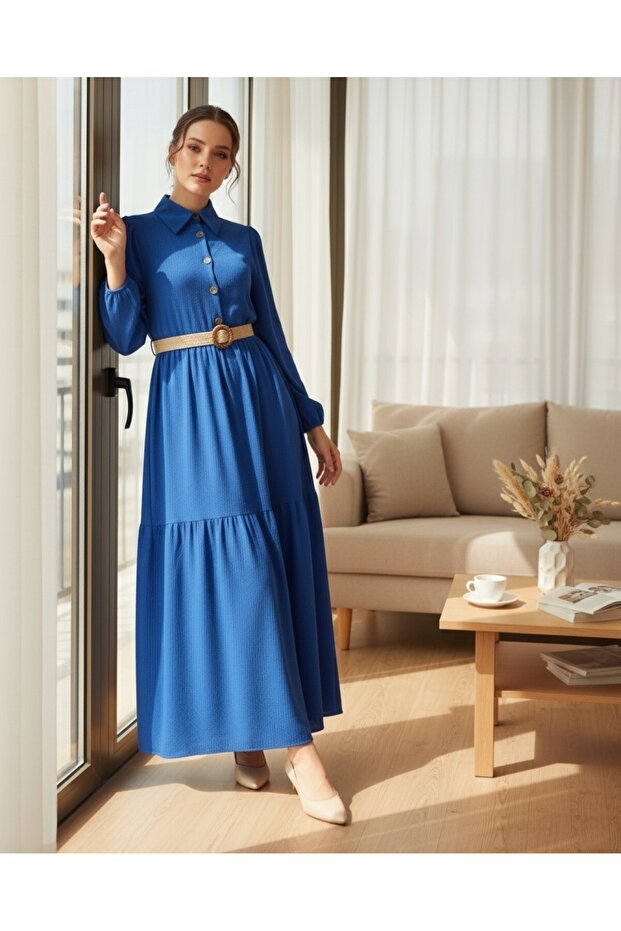 Piece Half Button Crinkle Dress with Belt - Dark Blue