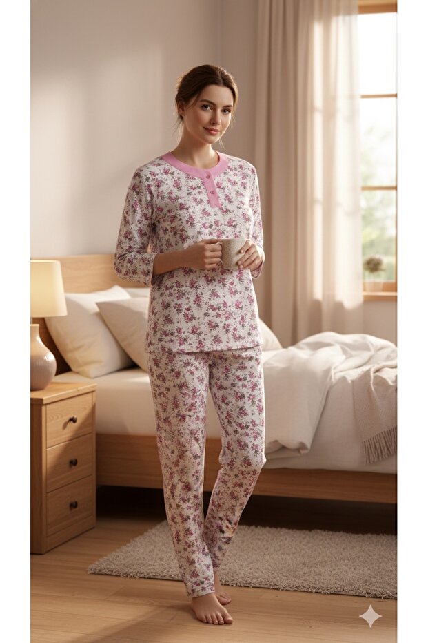 Quality Cotton Fabric Wide Cut Lapel Pink Mother Pajama Set