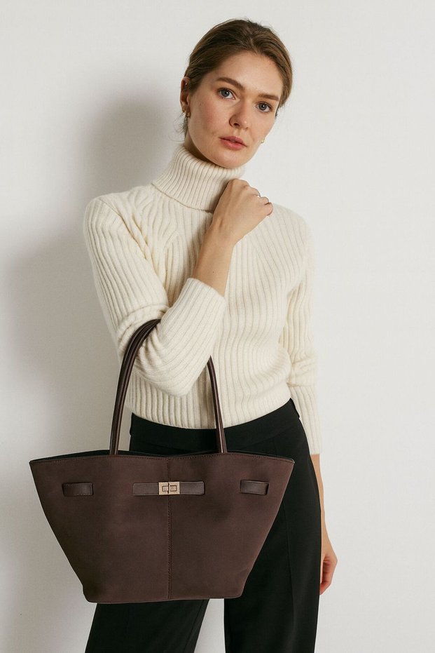 Women's Brown Suede Belt Bag with Locking Belt Detail, Inner Pocket, Column Strap, Hand, Arm and Shoulder Bag