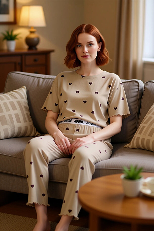 Women's Heart Pattern Short Sleeve Pajama Set Comfortable Knitted Fabric Home Wear Elegant Design