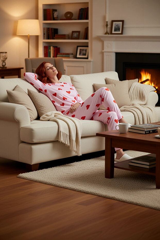 Women's Heart Pattern Cotton Pajamas Set Casual Sleep Comfortable Cut for Winter Seasons