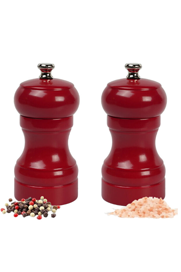 Dark Red Wooden Salt and Pepper Hand Mill Grinder 2 Pieces 10 cm