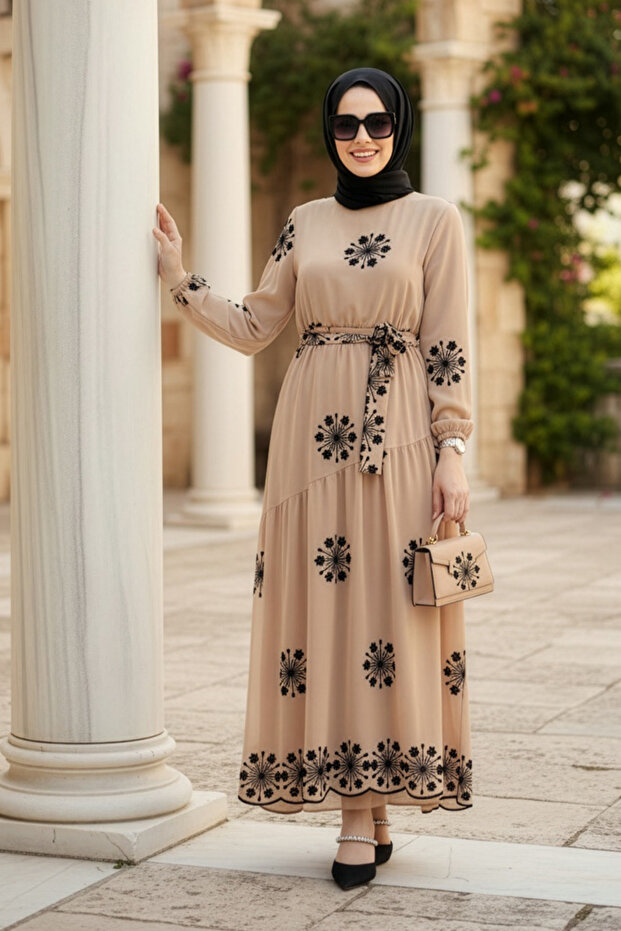 Floral Patterned Mink Hijab Dress 1332V