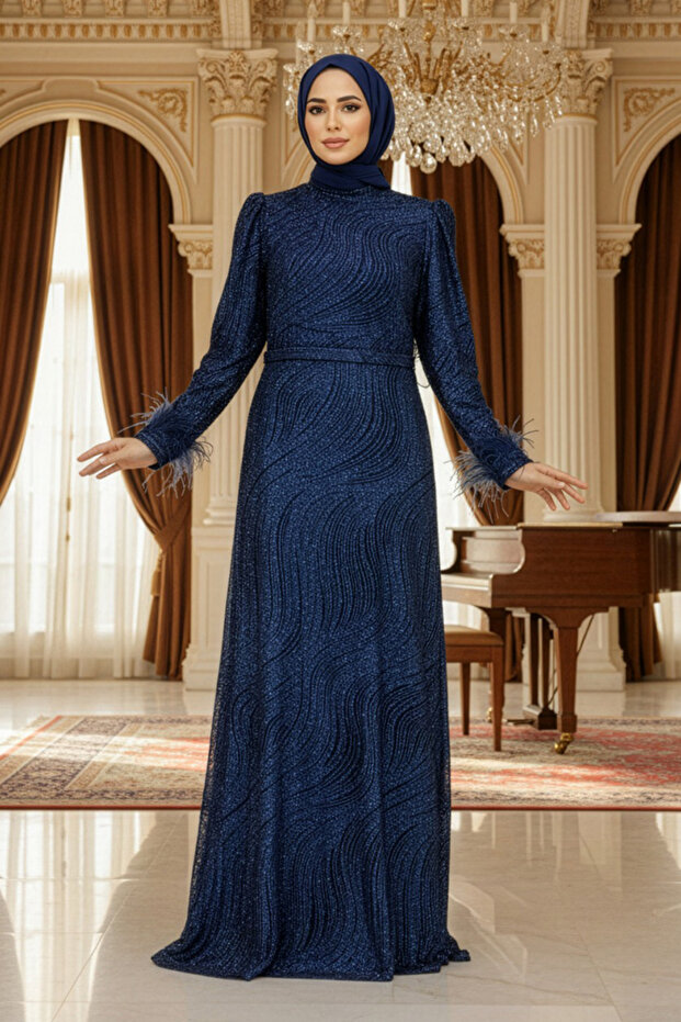 Silvery Navy Blue Modest Evening Dress 2323L