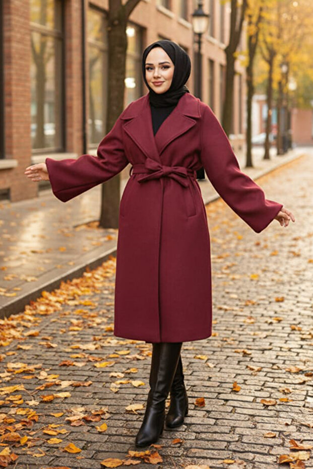 Belted Burgundy Hijab Coat 61631Br