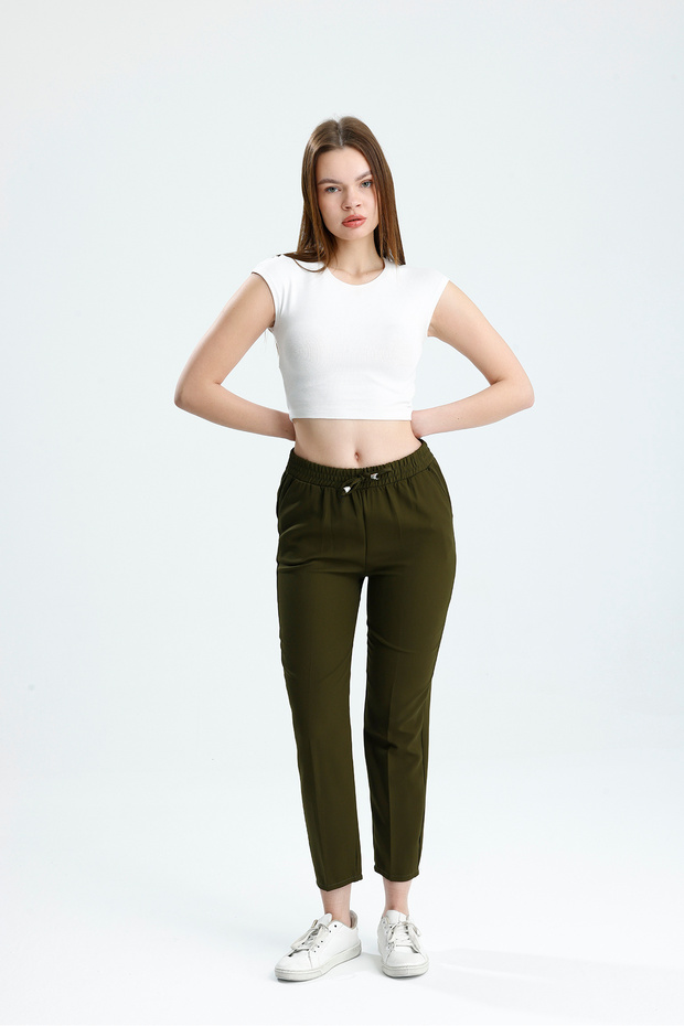 Bell Fabric Pocket High Waist Elastic Carrot Trousers
