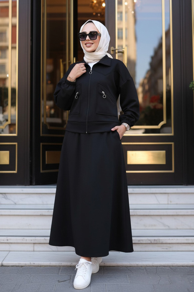 Skirted Black Hijab Double Set 56812S